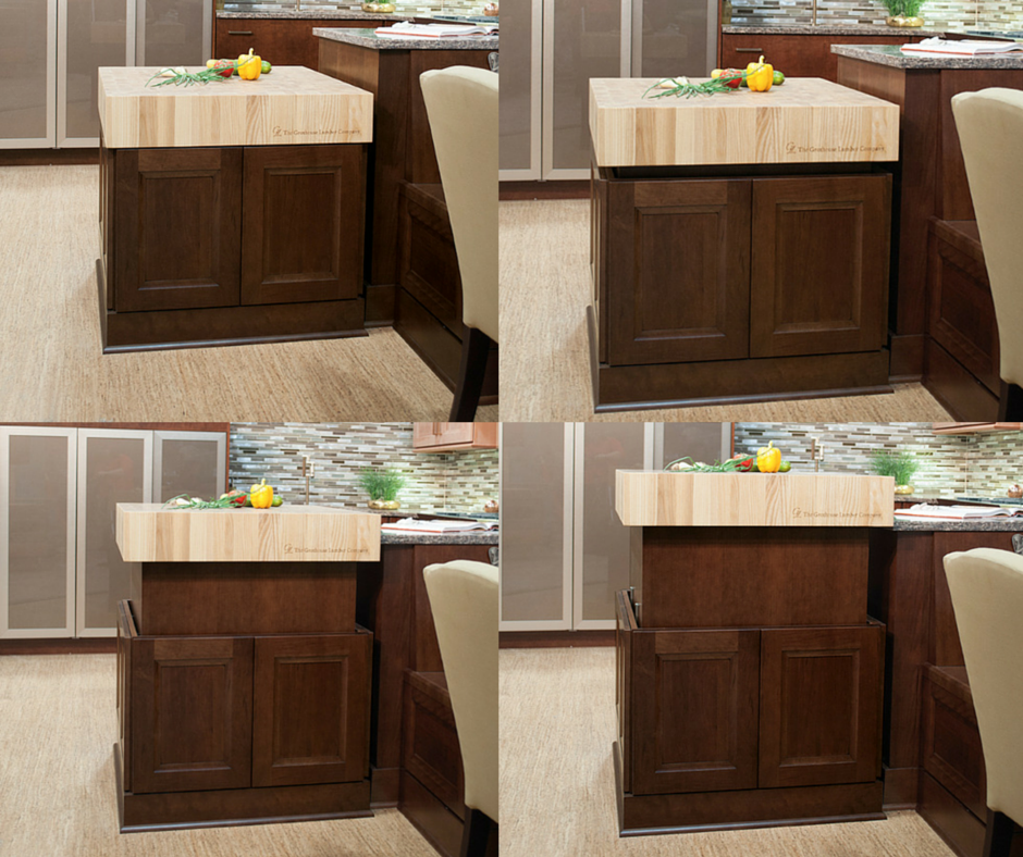 This butcher block countertop allows accessible heights with the push of a button! How cool of an island would that be? Perfect heights for chopping, serving, and everything in between!