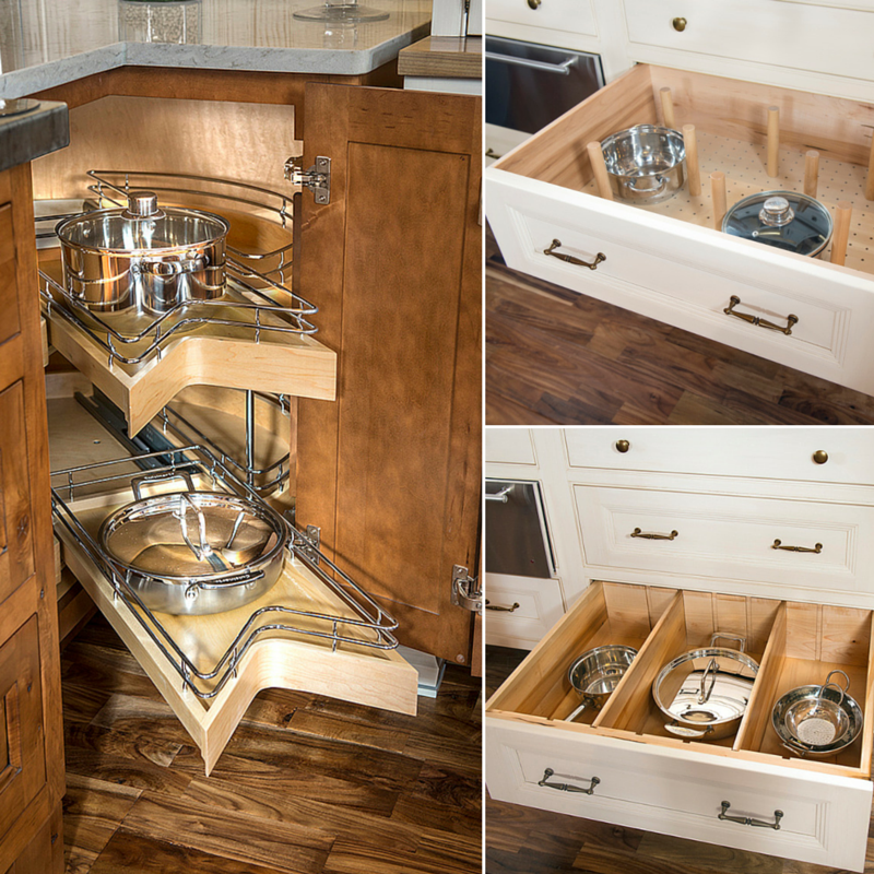 Smart Design with Storage Organization Left (Top): Deep Divider Kit Left (Bottom): Deep Drawer Pegged Dish Organizers Right: Corner Sink Base Cabinet with Kidney Sliding Shelves