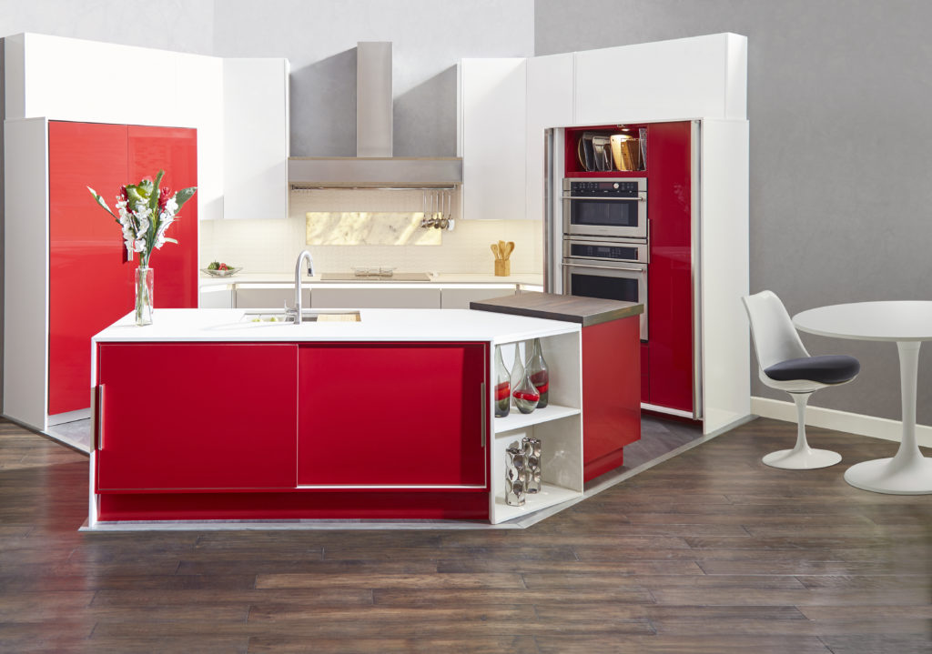 Frameless kitchen cabinets, modern kitchen, red kitchen cabinets, push to open 