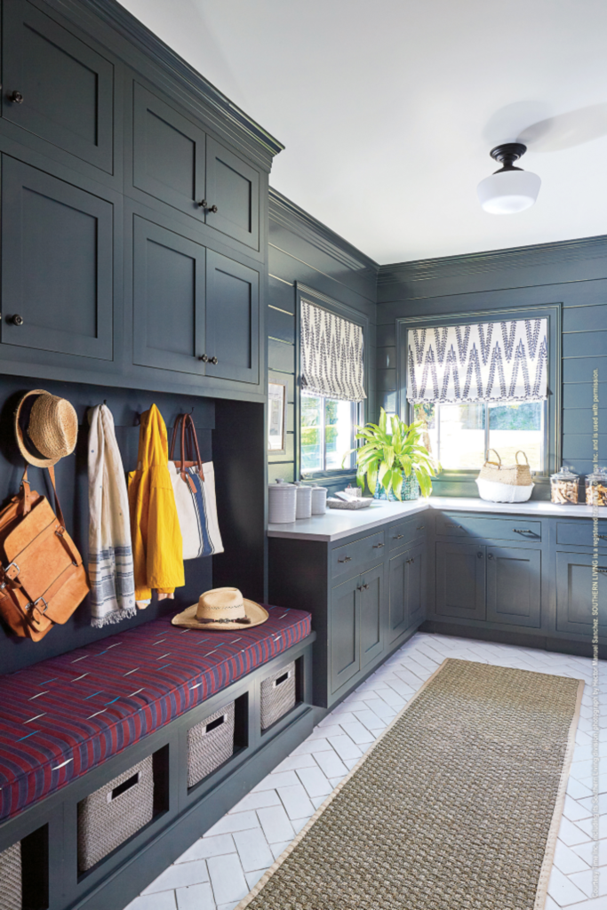 navy shaker mudroom with storage solutions 