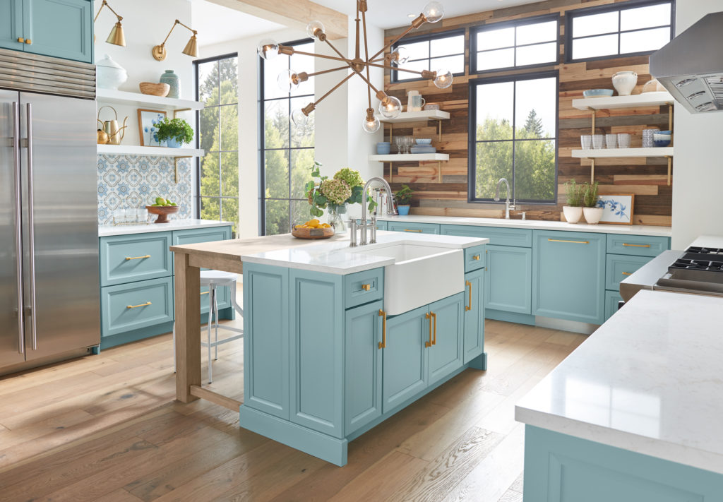 aqua kitchen cabinetry exposed wood transitional 2020 color trends