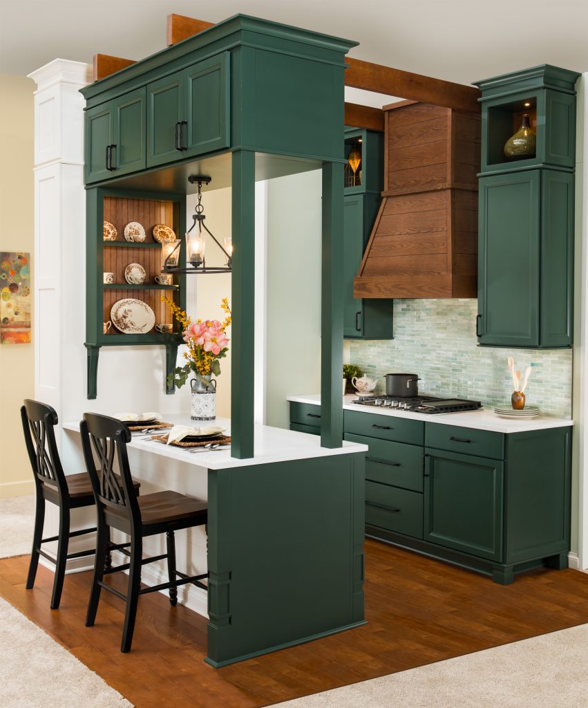 farmhouse cottage kitchen hunter green oak shiplap hood color trends