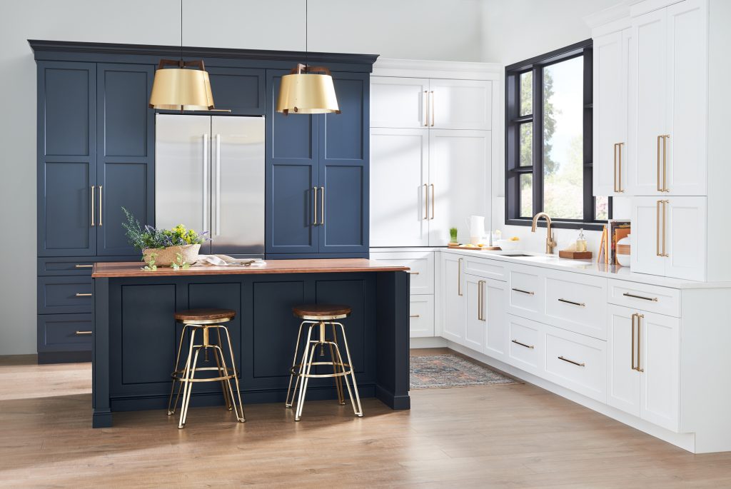 two toned kitchen cabinets navy and white 2020 color trends