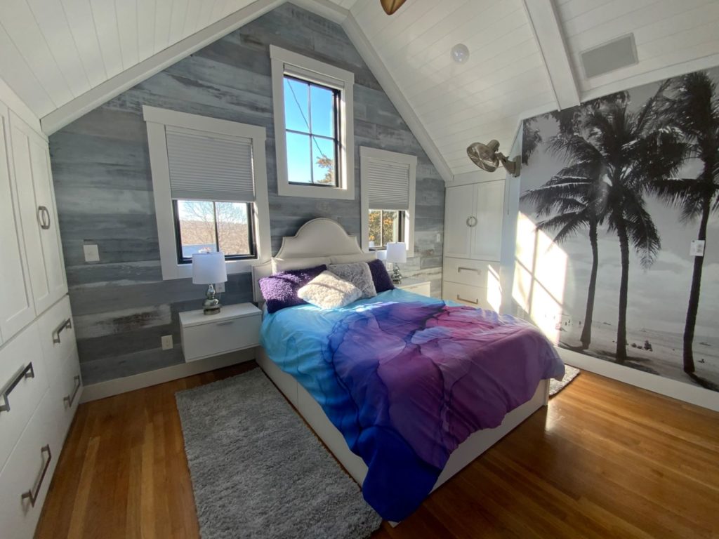 Gray and white bedroom
