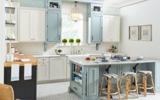 two toned blue and white kitchen