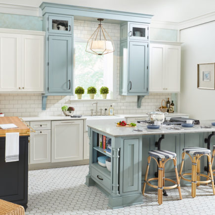 two toned blue and white kitchen