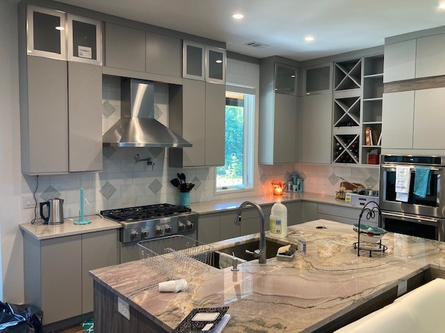 kitchen with light gray cabinets
