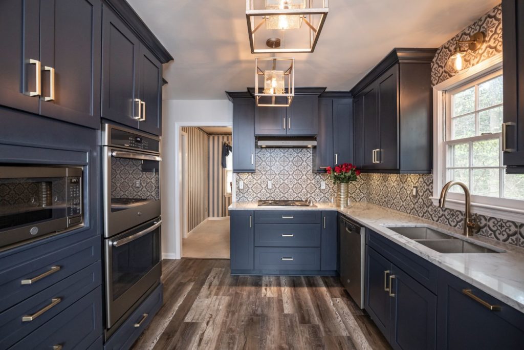small kitchen with gray-blue cabinets