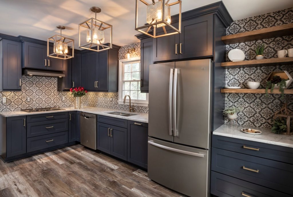kitchen with gray-blue cabinets