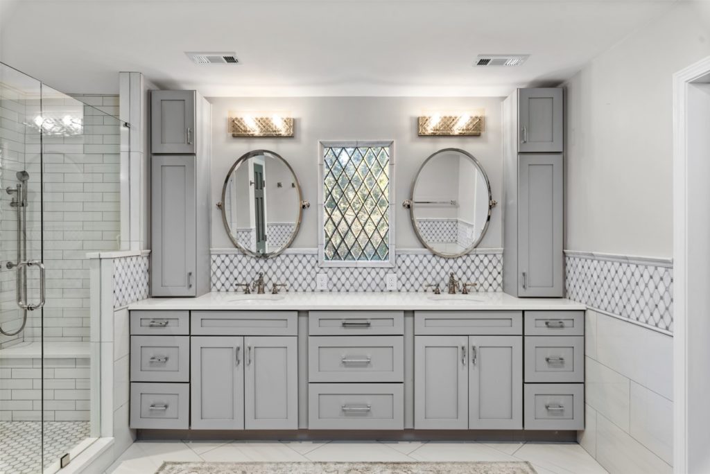 gray bathroom vanity with double sink