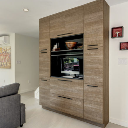 living area with modern entertainment center with a putty oak finish