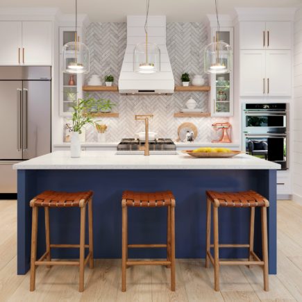 open concept kitchen with white cabinets and a blue kitchen island