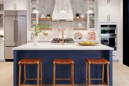 open concept kitchen with white cabinets and a blue kitchen island